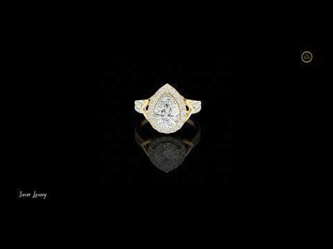 1.81 CT Geometric Pear Cut Lab Diamond Halo Ring in Gold with Double Pave Band For Gift