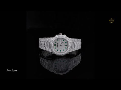 Full Iced Out Round Cut Diamond Octagonal Watch with Green Emerald-Cut Hour Markers