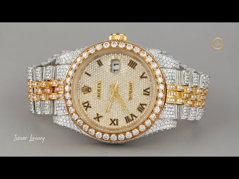Full Iced Out Two-Tone Diamond Calendar Watch with Pave Dial & Roman Numerals