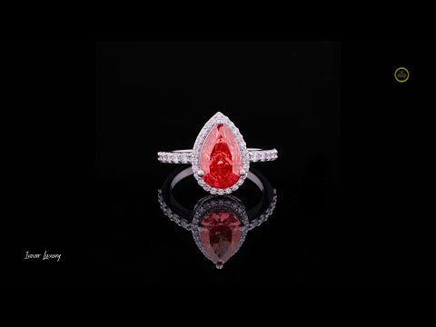 Fancy Vivid Red Pear Lab Diamond Pave Halo Ring