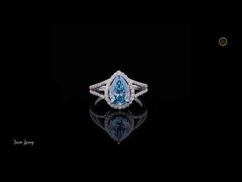 Fancy Intense Blue Pear Cut Lab Diamond Halo Split Shank Ring