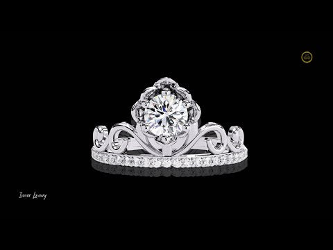 0.43 CT Vintage Floral Crown Lab Diamond Ring With Round Cut Center Stone & Pave Band