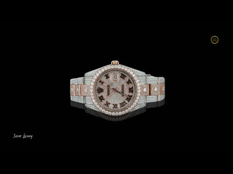 Full Iced Out Two-Tone Calendar Watch with Black Roman Diamond Dial