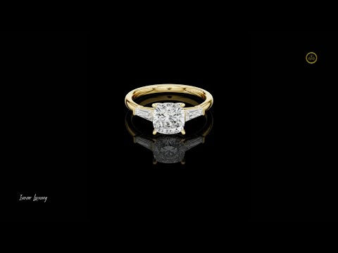 1.50 CT Luxury Cushion Cut Lab Grown Diamond with Tapered Baguette Side Stones Engagement Ring For Her