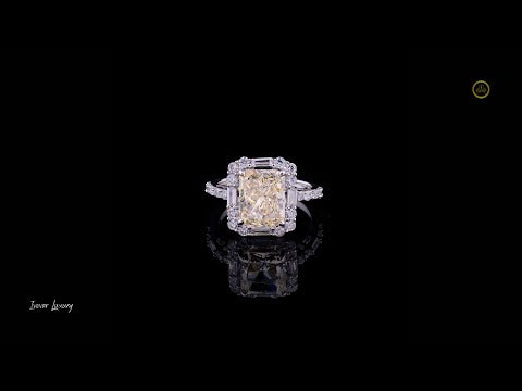 Fancy Intense Radiant Cut Lab Diamond Halo Ring With Baguette Side Stones