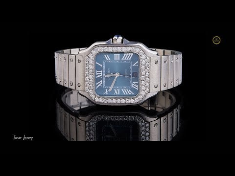 Ivevar Moissanite Diamond Prestige Collection Blue Dial Diamond Bezel And Luxury Steel Timepiece Set