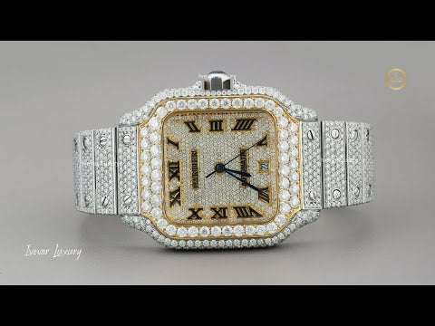 Full Iced Out Square Diamond Watch Black Roman Numerals & Two-Tone Band