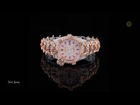 Full Iced Out Diamond Watch with Floral Scroll Bezel & Pink Baguette Dial Markers