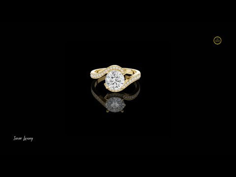 1.00 CT Swirl Design Ring Featuring a Brilliant Round Moissanite Diamond with a Pave-Set Halo Accent