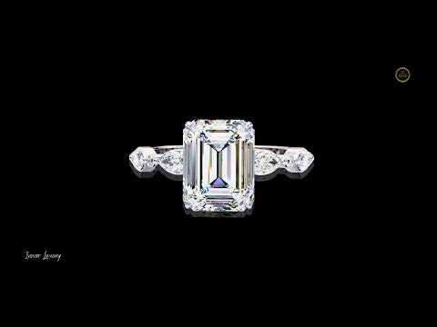 Emerald Lab Diamond Engagement Ring With Marquise And Round Side Stones