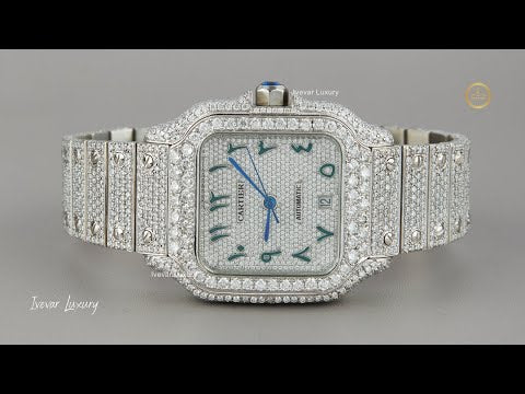 Full Iced Out Diamond Square Watch with Blue Arabic Numerals & Pavé Bracelet