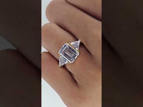 Emerald Cut with Triangle Moissanite Diamond Three Stone Engagement Ring