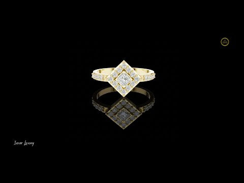 1.25 CT Stunning Princess Cut Square Halo Gold Cluster Lab Diamond Statement Design Ring