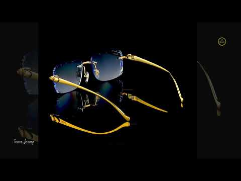Luxury Rimless Rectangular Gold Sunglasses with Blue Gradient Diamond-Cut Lenses