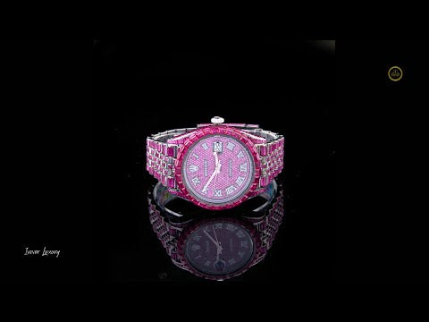 Full Iced Out Pink Diamond Watch with Baguette Pink Bezel & Roman Dial
