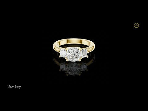 1.4 CT Aurora Cushion Center Lab Diamond Three Stone with Tapered Baguette Side Stones