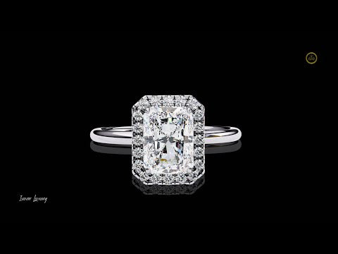 Radiant Cut Halo Moissanite Diamond Engagement Ring with Slim Solitaire Band