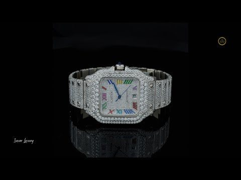 Full Iced Out Diamond Square Watch with Rainbow Roman Dial & Diamond Bezel