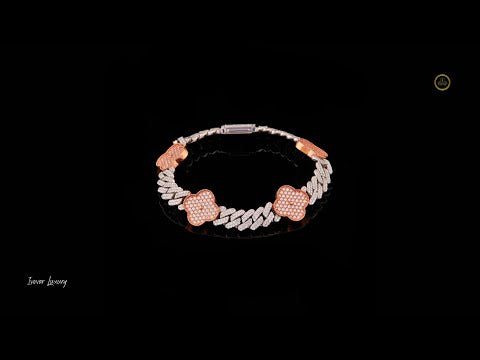 Luxury Two Tone Lab Grown Diamond Cuban Bracelet with Clover Accents Hip Hop Jewelry
