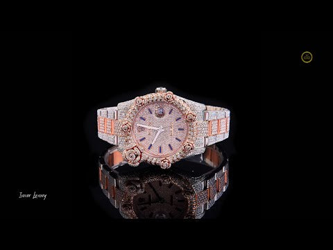 Full Iced Out Diamond Floral Calendar Watch with Blue Baton Dial & Two-Tone Finish
