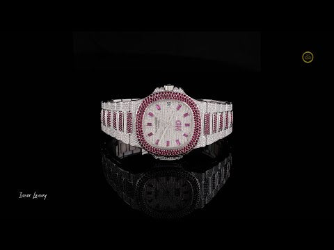 Full Iced Out Diamond Watch with Ruby Bezel & Pink Baguette Dial Markers