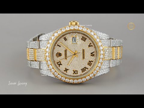 Full Iced Out Diamond Date Watch with Roman Numeral Dial & Two-Tone Links