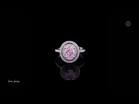 Fancy Intense Pink Oval Moissanite Diamond Double Halo Engagement Ring