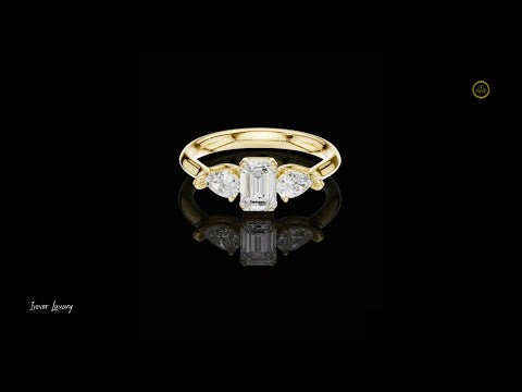 0.56 CT Emerald Cut Lab Grown Diamond Trillian Side Stone Modern Heirloom Design Engagement Ring