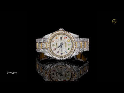 Full Iced Out Two-Tone Diamond Watch with Rainbow Arabic Dial & Day Display