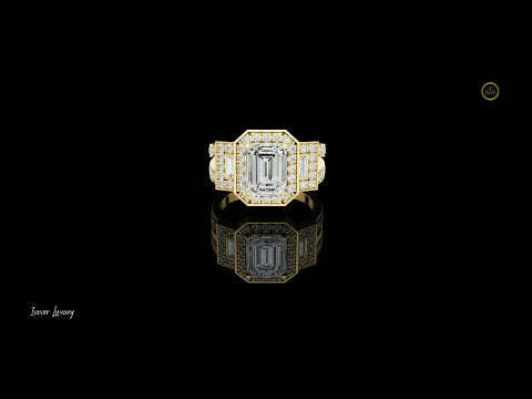 2.5 CT Iconic Statement Emerald Cut Center with Side Baguette Three Stone Double Halo Lab Diamond Ring