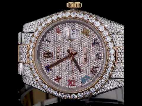 Full Iced Out Diamond Calendar Watch with Multicolor Roman Dial & Two-Tone Finish