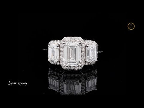 Halo Set Emerald Lab Diamond Three Stone Ring For Her