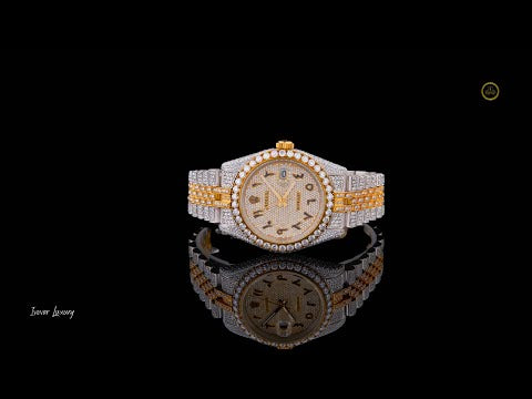 Full Iced Out Diamond Calendar Watch with Arabic Numeral Dial & Two-Tone Finish