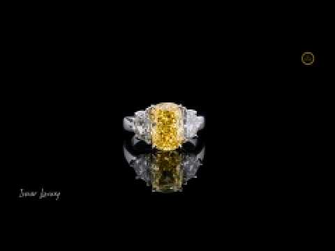 Yellow Cushion Cut Lab Grown Diamond Ring with Side Stone