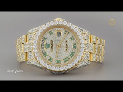 Full Iced Out Yellow Gold Calendar Watch with Green Roman Numeral Diamond Dial