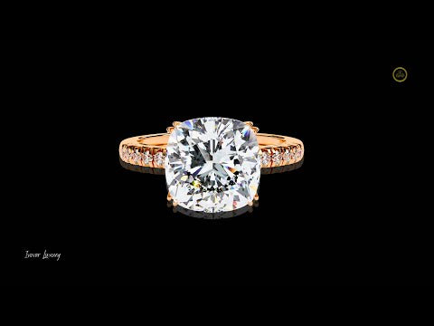 Cushion Cut Lab Diamond Solitaire Engagement Ring with Pave Diamond Band