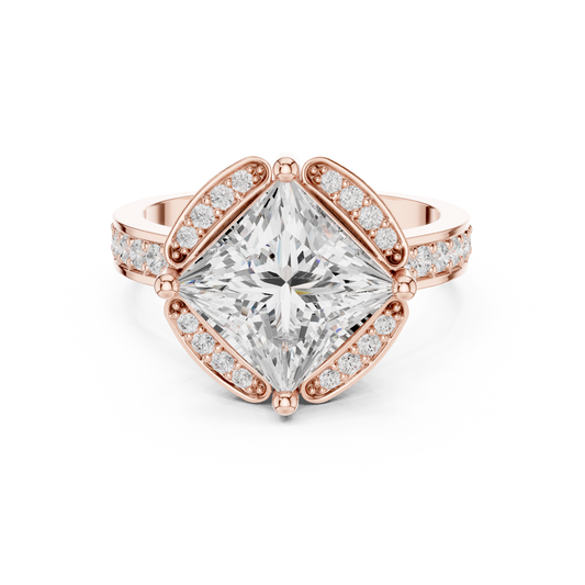 2.15 CT Glamorous Princess Cut Halo With Vintage Inspired Pave all Four Sides Lab Diamond in Gold