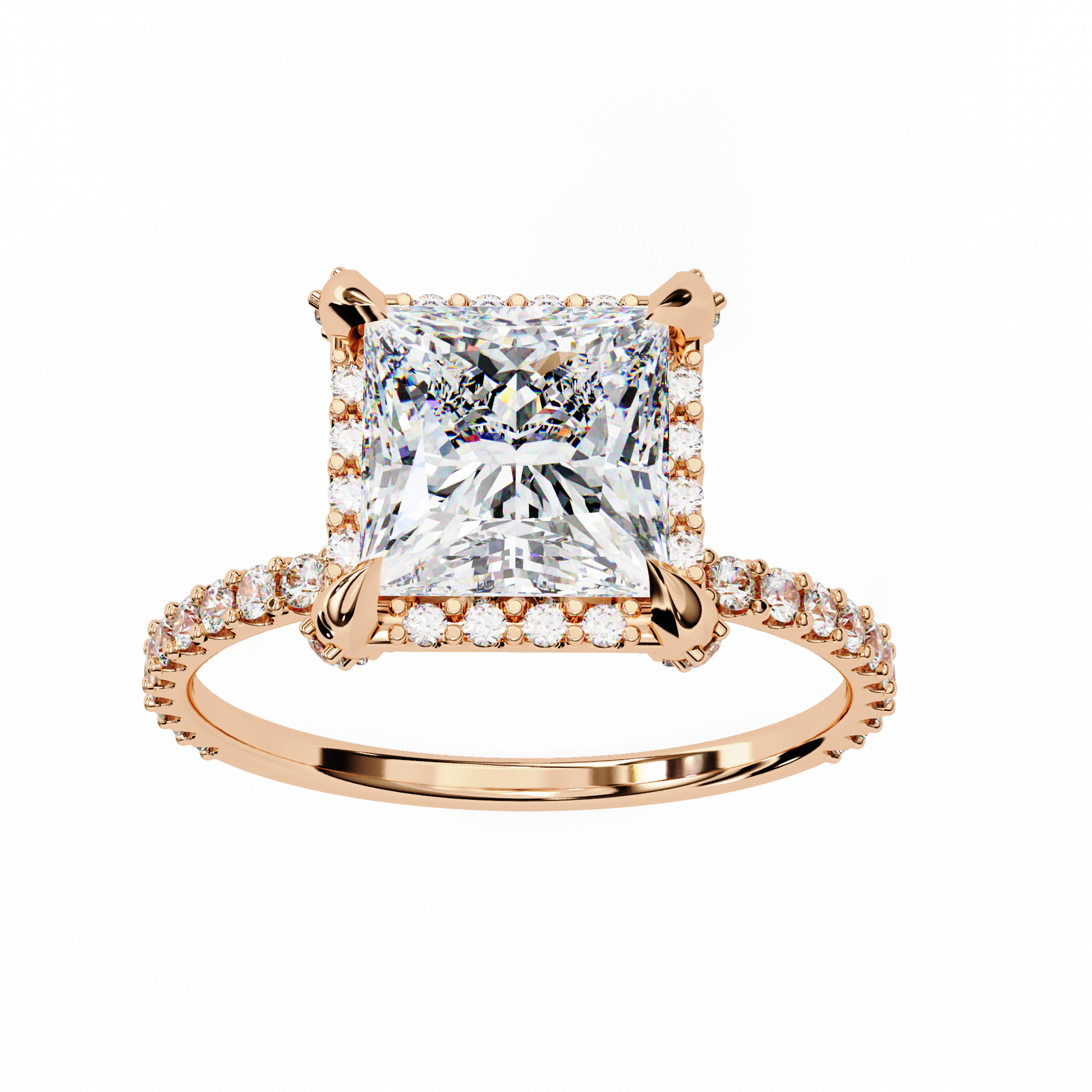 Rose gold ring with a large diamond and smaller diamonds 