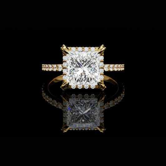 Princess Cut Halo Moissanite Diamond Ring with Pave Band