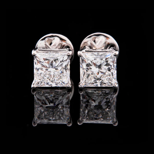 3.00 TCW Premium Princess Cut Moissanite Diamond Stud Earrings in Polished White Gold Brilliant Solitaire Design