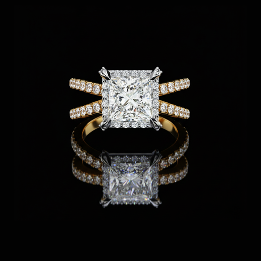 2.03 CT Princess-Cut Double Band Halo Moissanite Diamond Ring Luxury Bridal Jewelry by Ivevar Luxury