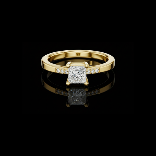 0.50 CT Luxury Princess Cut Lab Grown Diamond Solitaire Ring in Polished Gold with Side Pave Detailing