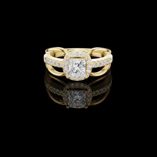 Princess Cut Split Shank Halo Moissanite Diamond Ring