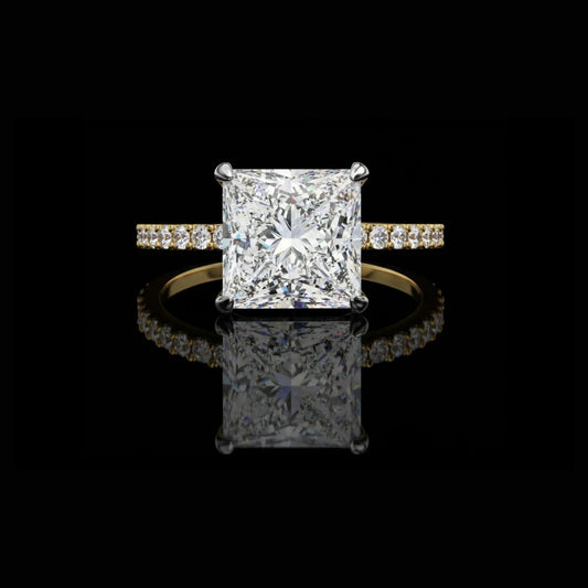 Princess Moissanite Diamond With Hidden Halo Pave Accents Engagement Ring