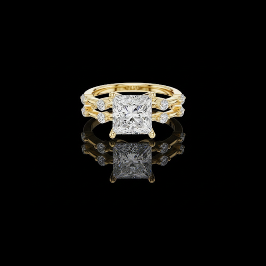 2.50 CT Stylish Princess Cut Lab Grown Diamond Ring with Double Band Design and Round Diamond Accents