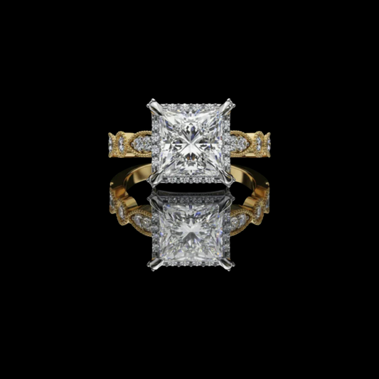 2.03 CT Dazzling Princess Cut Halo Moissanite Diamond Ring with Elegant Sparkle Intricate Filigree Band Design