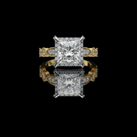 Princess Cut Halo Moissanite Diamond  Ring with Pave Diamond Band