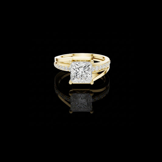 1.26 CT Aurora Crest Princess Cut Moissanite Solitaire Ring in Gold with Split Band Pave Accent Design