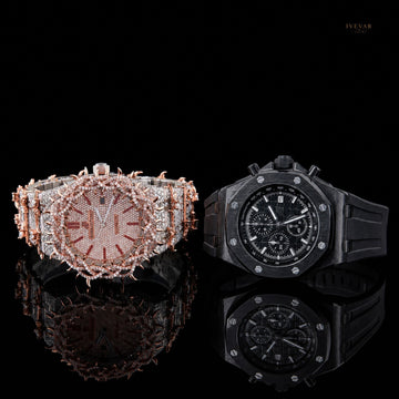 Luxury Two Tone Diamond Watch And Black Chronograph Watch Bundle For Men