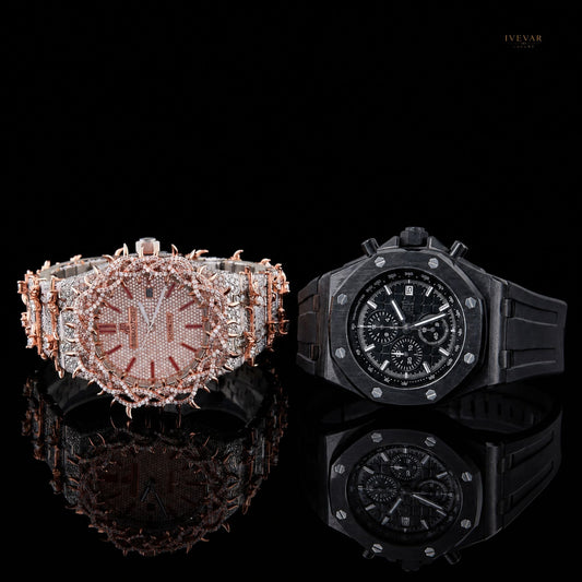 Luxury Two Tone Diamond Watch And Black Chronograph Watch Bundle For Men'